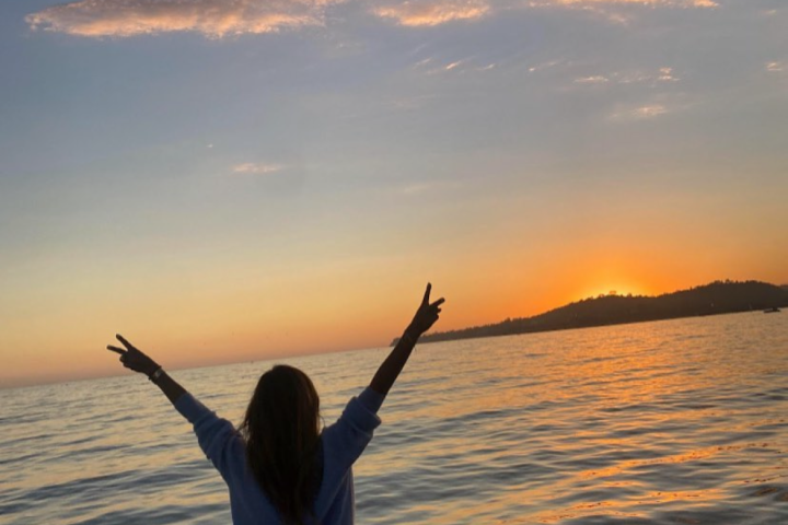 a person standing in front of a sunset over a body of water