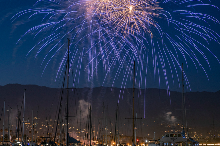 fireworks in the night sky over a body of water