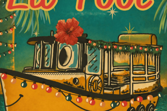 Festive boat illustration with lights, palm leaves, and 'Lil' Toot Holiday Harbor Cruise' text.